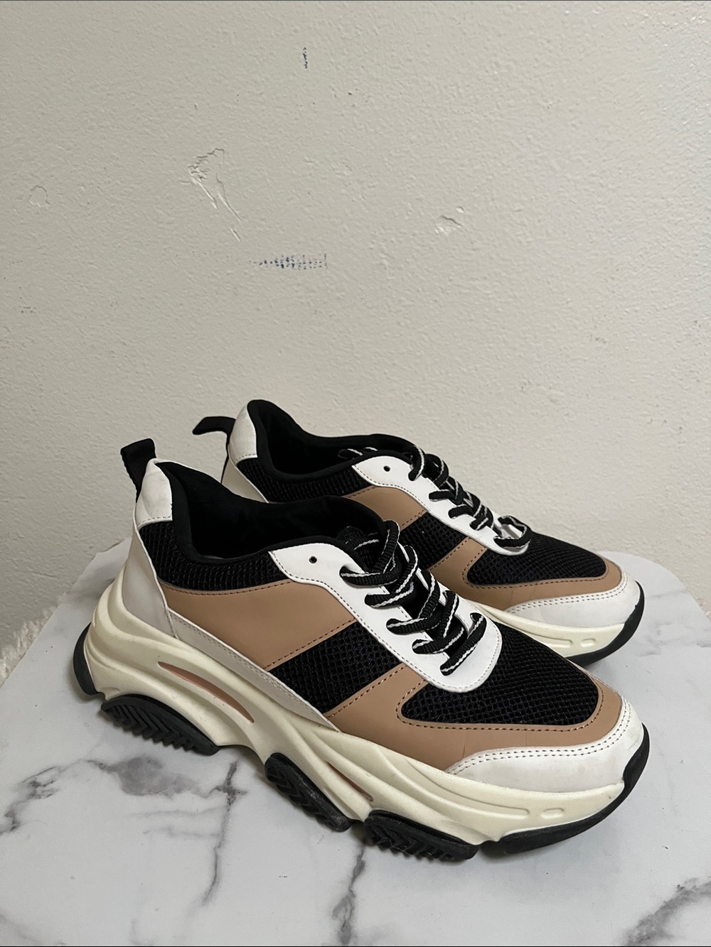 Steve Madden Layered Platform Sneakers in Black, Tan and White